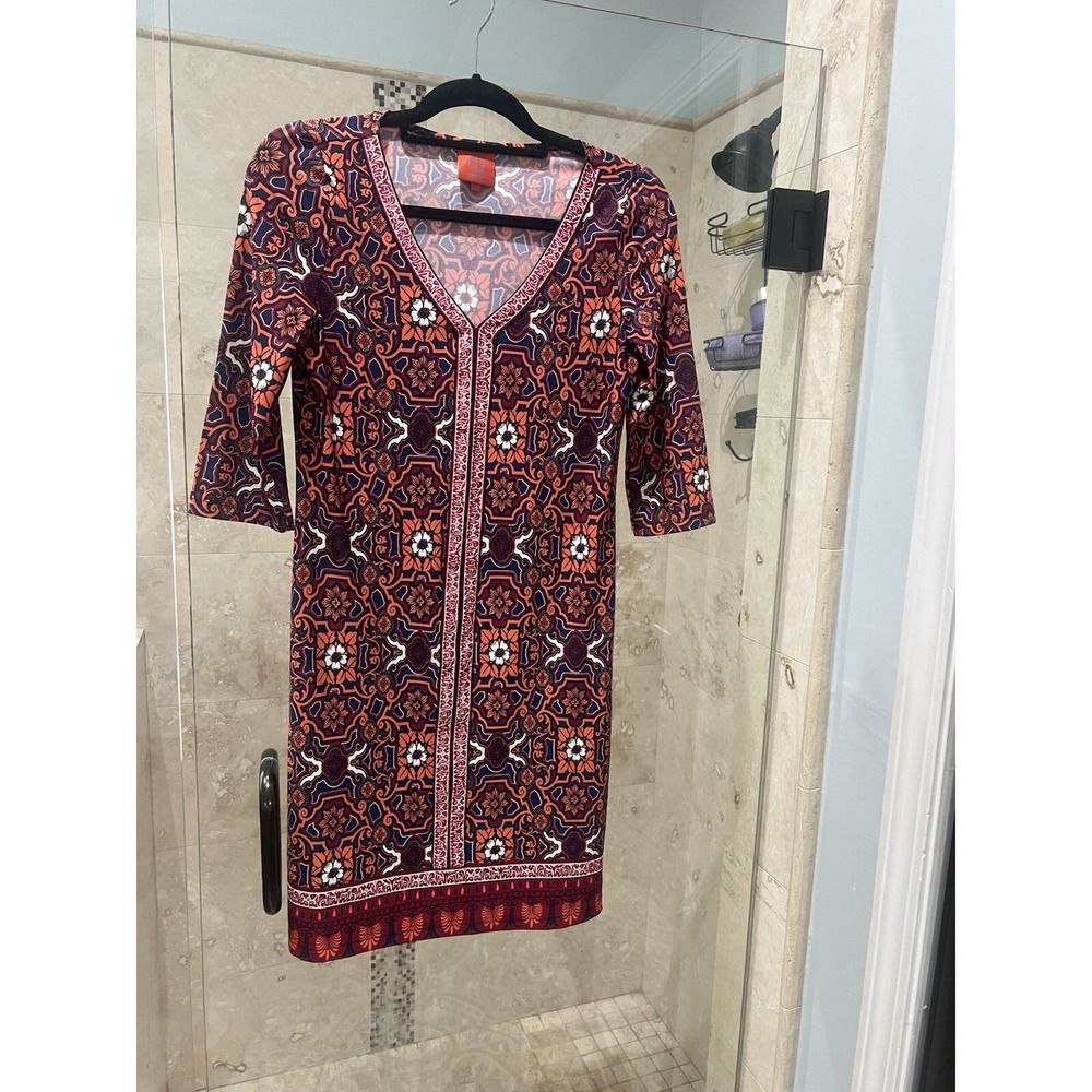 Tracy Negoshian Navy and Orange Lily 3/4 Sleeve Shift Dress MIDI Xs Knee